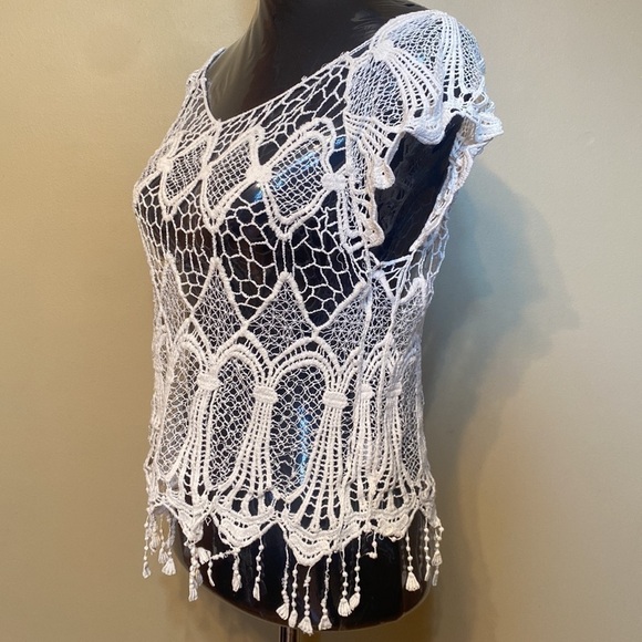 Boho Beach Chic NELLA Fantasia White Crochet Lace Fringe Top Festival Summer - Picture 2 of 8